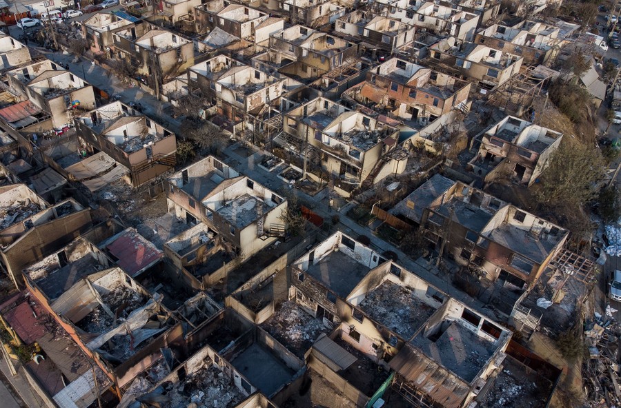 An aerial view of many fire-destroyed houses
