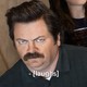The actor Nick Offerman stares angrily at the camera, with a caption say that says "Laughs."