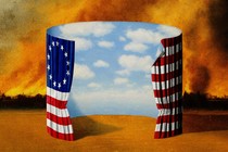 Illustration: A colonial 13-star American flag forms a semicircle around blue sky with an enormous fire as background.