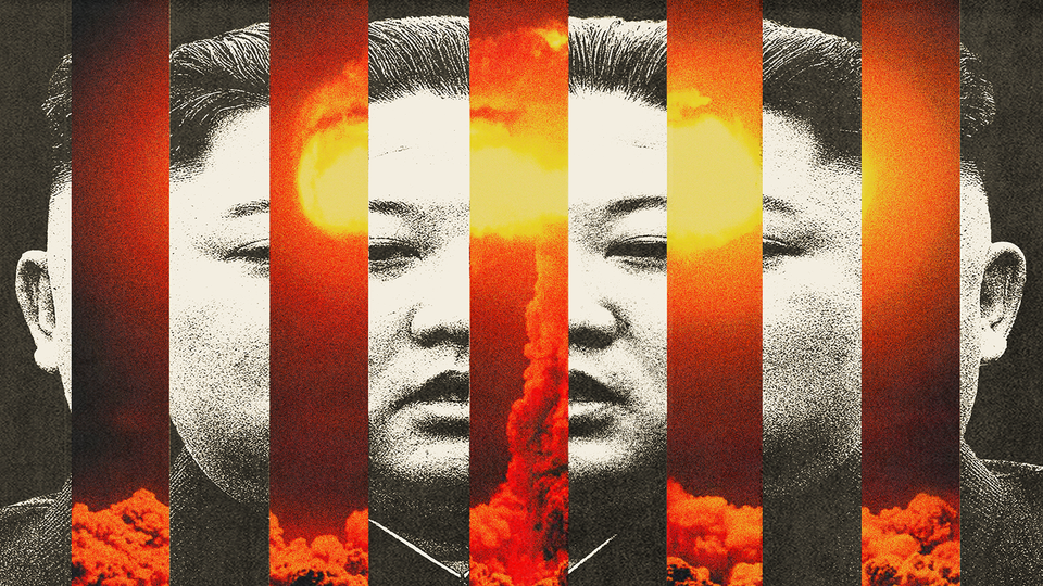 A collage of Kim Jong Un and a nuclear bomb exploding