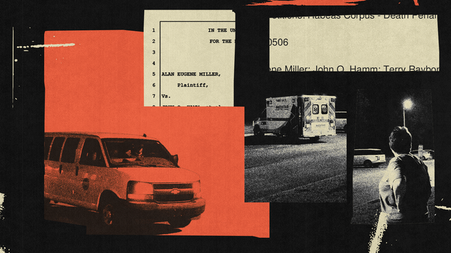 Collage of a van, court text, and nighttime scenes.