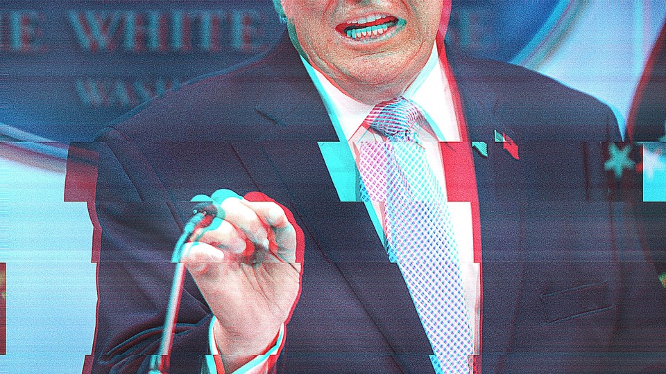 Photo of Donald Trump from the nose down speaking at a podium, with the image tinted red and blue as if glitching
