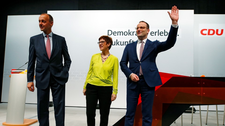 Friedrich Merz, Annegret Kramp-Karrenbauer, and Jens Spahn, the candidates for CDU party chair, attend a conference in Duesseldorf.