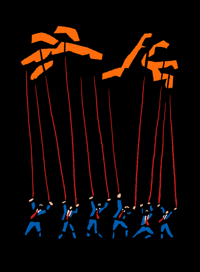 abstract illustration with six puppets in blue suits and red ties on red strings held by two large orange hands on black background