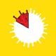 an illustration of a white coronavirus particle, with one triangular slice that is red, against a yellow background