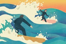 Illustration of a man and an older woman in wet suits surfing on waves. The man is in the foreground and faces the woman, who is waving to him.