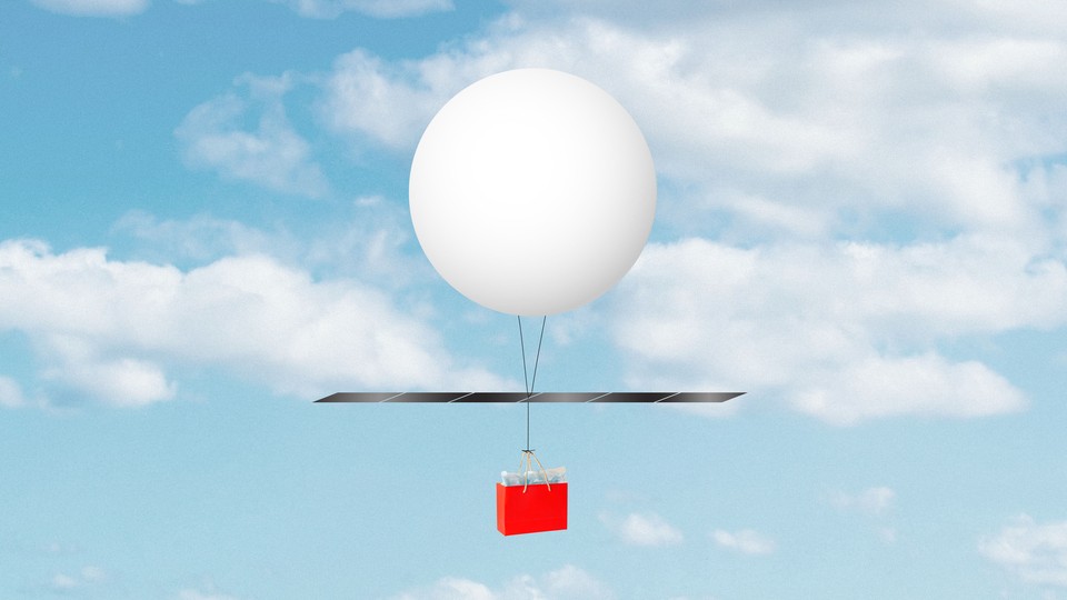 Illustration of a balloon carrying a shopping bag through the sky