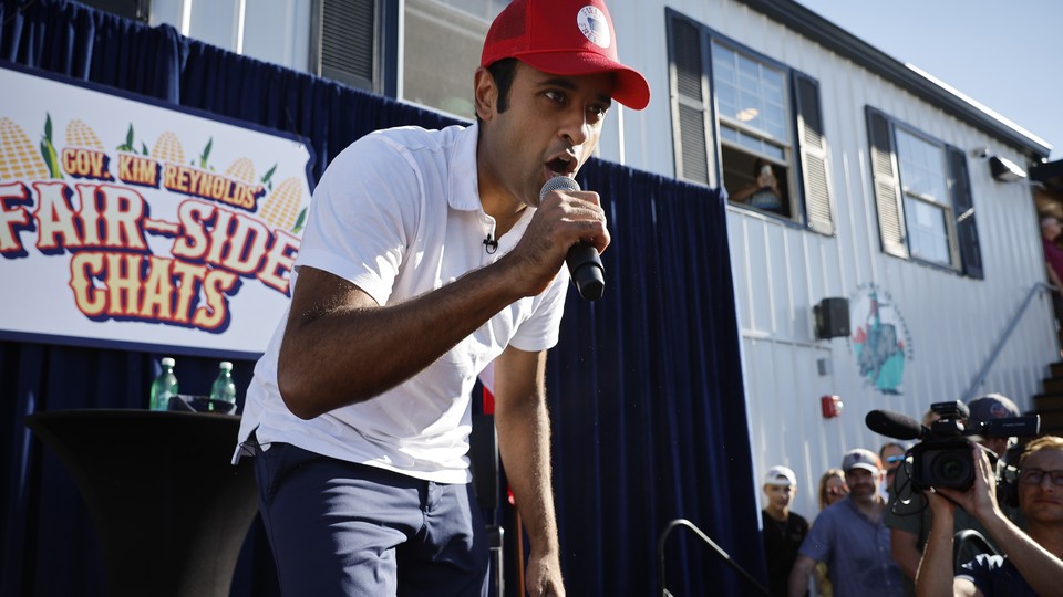 Republican presidential candidate Vivek Ramaswamy raps to Eminem’s “Lose Yourself” at the Iowa State Fair on August 12, 2023.