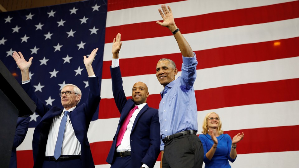 Barack Obama at a campaign rally for Wisconsin Democratic candidates (the gubernatorial candidate Tony Evers, the lieutenant-governor candidate Mandela Barnes, and the state treasurer candidate Sarah Godlewski) on October 26