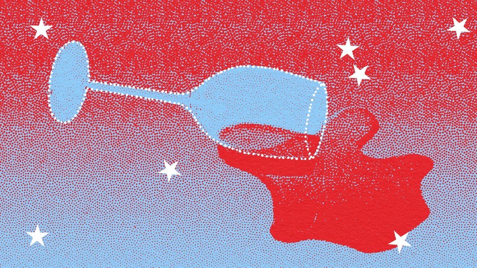 A red-white-and-blue illustration of a wine glass spilling