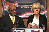 Fair Districts members Sam Gresham and Ann Henkener at a press conference in Columbus, Ohio, in January