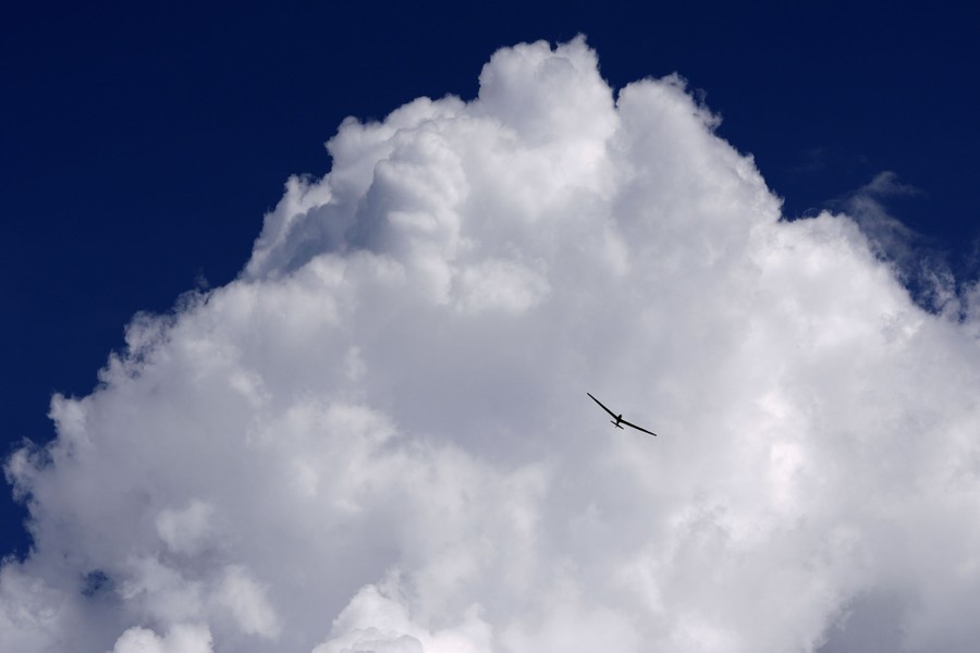 A glider flies in front of a large fluffy cloud and blue sky.