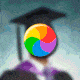 Blurry photo of a student in a graduation cap and gown with a spinning rainbow wheel over their face