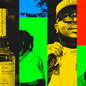 Color-blocked collage of images of rappers and of bottles of Casamigos