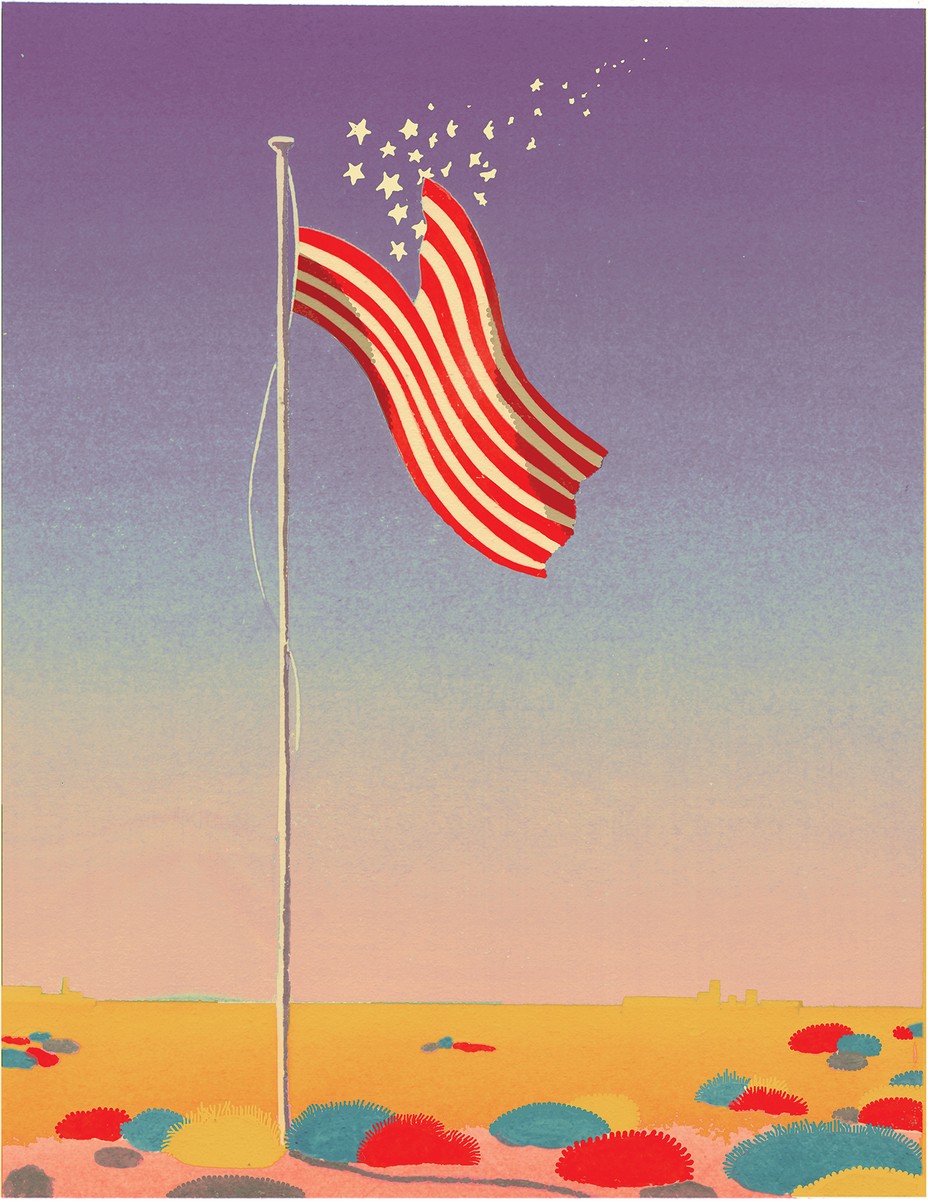 Illustration of American flag with stars floating off into the distance