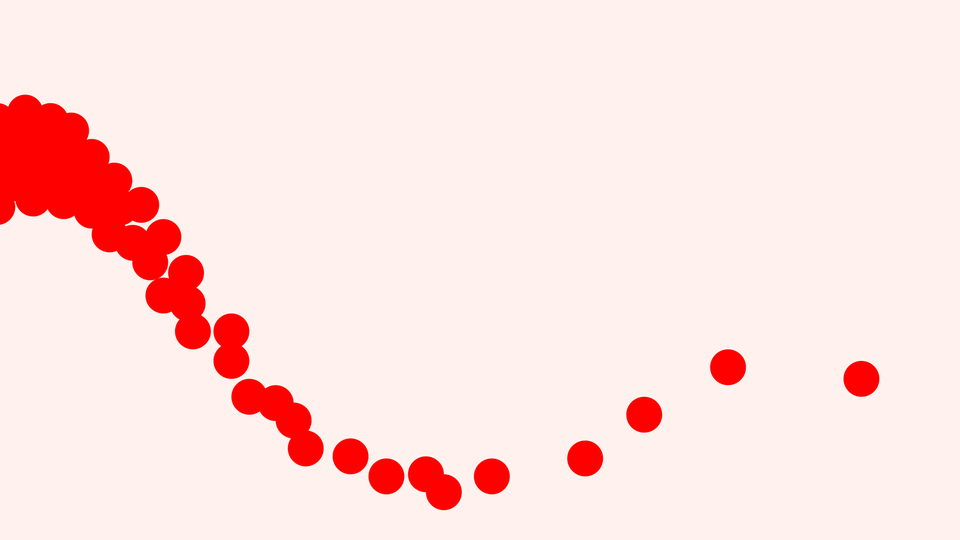 A scatterplot of red dots, arranged to look like a long tail