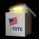 A white ballot box with the American flag above the word "vote"