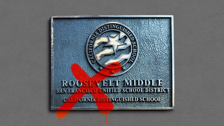 An illustration of a sign for Roosevelt Middle School with "Roosevelt" crossed out