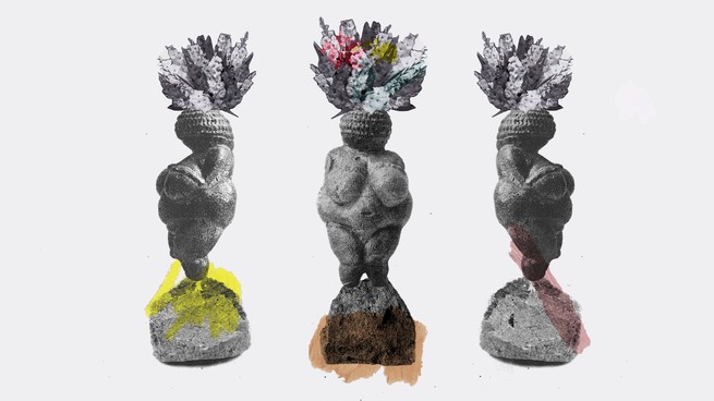 A photo illustration of the Venus of Willendorf statue