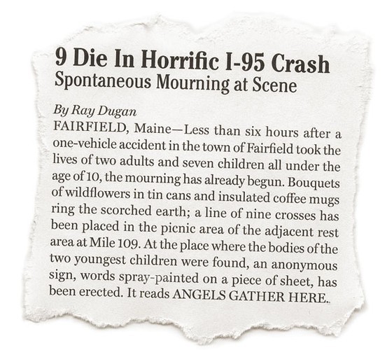 scan of torn-out printed newspaper article with headline '9 Die In Horrific I-95 Crash'