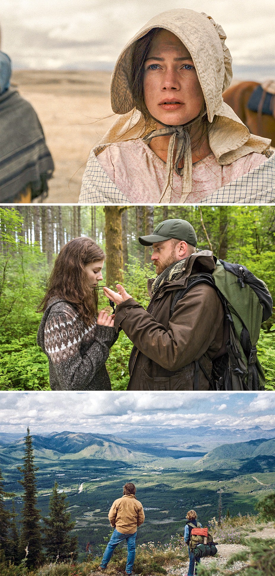 3 movie stills: a woman in a bonnet, a man and a woman conversing in the middle of a forest, and a man and boy looking out over a mountainous landscape
