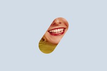 Illustration of a pill-shaped window, tilted an angle, showing someone's smiling mouth and nose