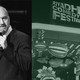 a photo collage of Louis CK, a palm tree, and a scene from the Riyadh Comedy Festival