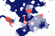 An illustration of a woman washing a dog and wearing a mask