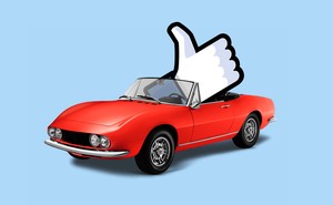 Illustration of the Facebook "like" button in a convertible car.