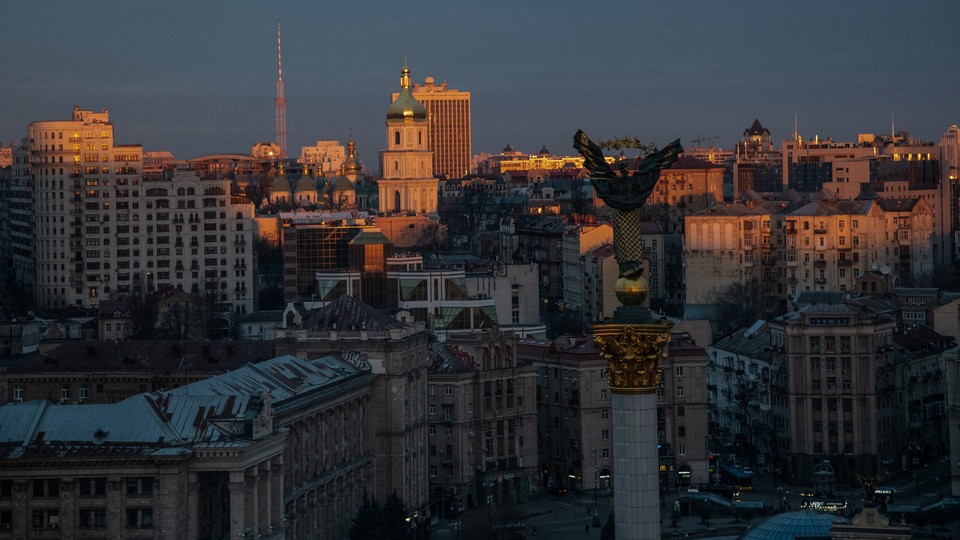 A sunset scene of Kyiv in golden light