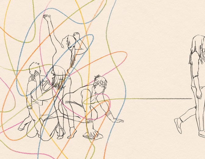 Illustration: line drawing of women tending a child, scrubbing floor, reaching, with another woman walking away