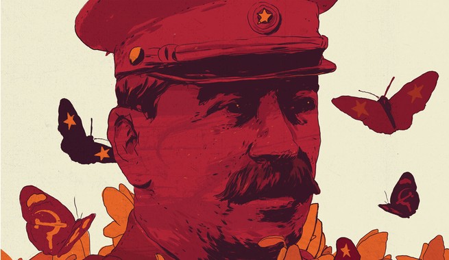 drawing of joseph stalin in red and orange, surrounded by moths with communist symbols on their wings