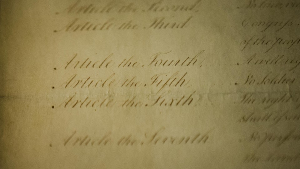 A closeup view of one of the original copies of the Bill of Rights