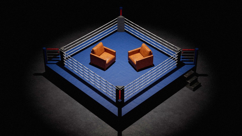 Two chairs facing each other inside a boxing ring
