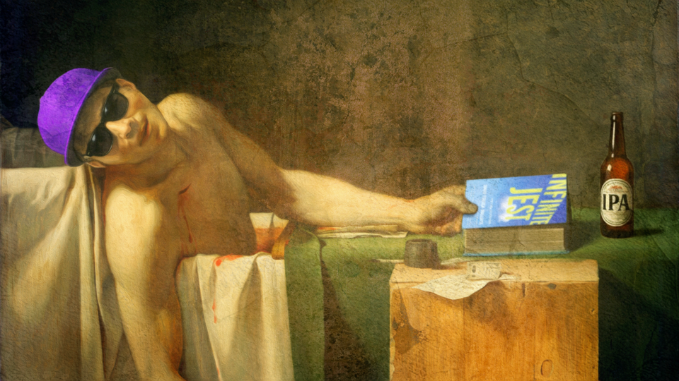 An illustration of a shirtless man wearing a purple hat and sunglasses holding "Infinite Jest" next to an IPA