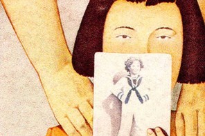 An illustration of a child with a bob cut holding up a faded photograph of another child in a sailor suit