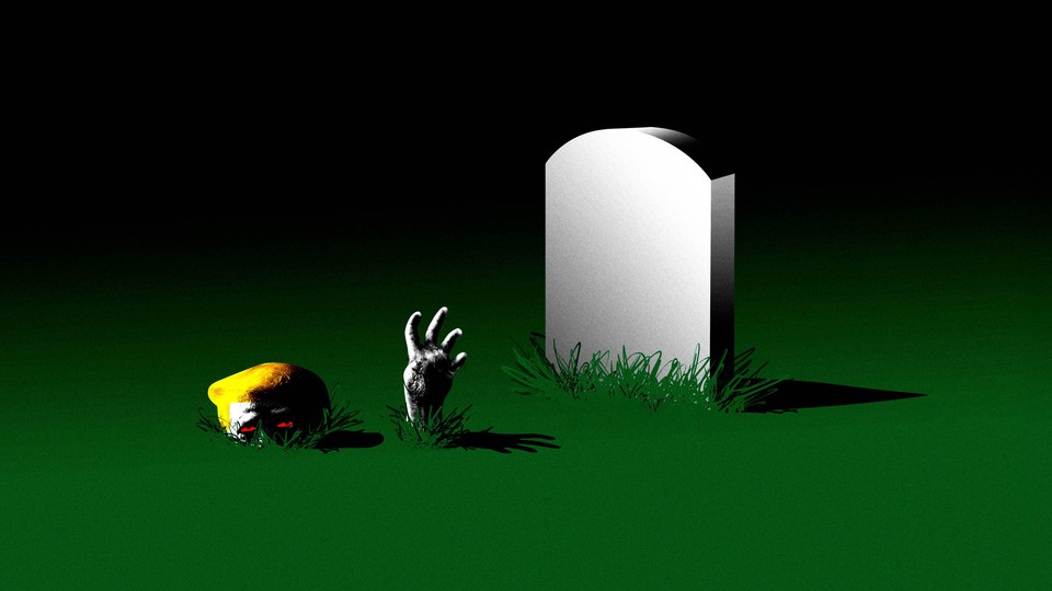 An illustration showing a Trump-like figure emerging from a grave like a zombie.