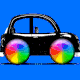An animation of an old car with with colorful loading circles for wheels.