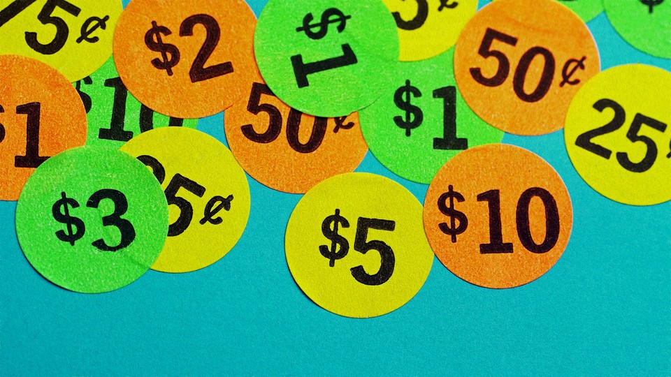 many neon colored price stickers
