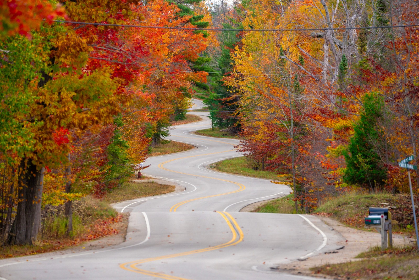 Fall colors cover trees along a curvy road in Wisconsin.