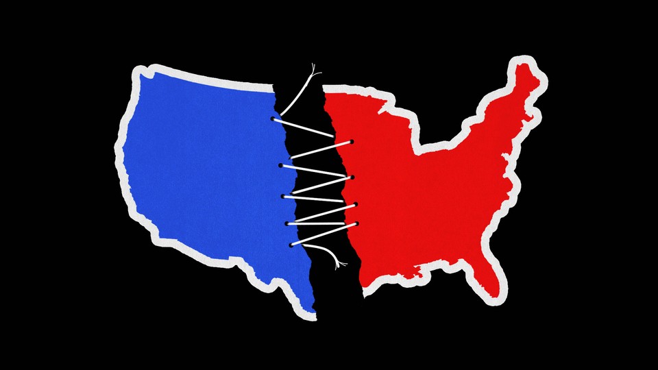 Illustration of red and blue America being ripped apart at the seams.