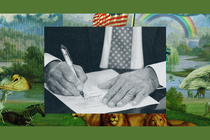 The hands of President Joe Biden signing legislation into law. The image is set into a frame featuring The Experiment’s show art.