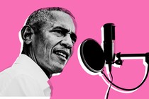 Barack Obama speaking into a microphone against a pink background