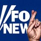 Illustration of Fox News logo with a hand crossing its fingers replacing the letter "x."