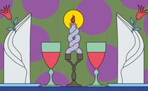 A colorful illustration of a dinner table with two wine classes and a two candles intertwined