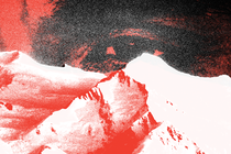 A photo-illustration of an eye peering over snow-capped mountains