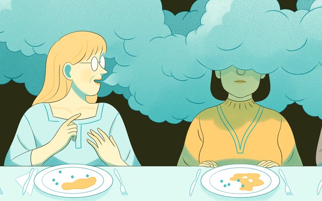 An illustration of a woman whose head is covered in fog, trying not to engage with the woman sitting next to her.
