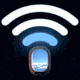 Blinking Wi-Fi symbol over airplane window.