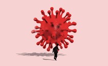 Illustration of a giant coronavirus molecule chasing a running figure