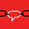 A speech bubble as part of a link chain, set against a red background